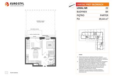 Rzut - Mieszkanie na sprzedaż 2 pokoje o powierzchni 39,44 m² - numer B4.22 w Osiedle Przy Błoniach 3 etap III