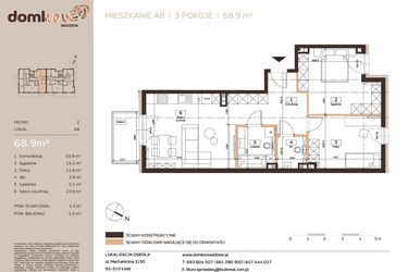 Rzut - Mieszkanie na sprzedaż 3 pokoje o powierzchni 68,9 m² - numer A8 w Domkove Widzew