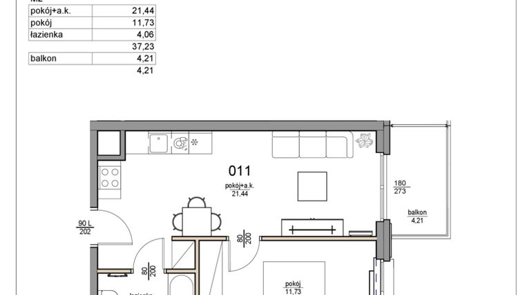Rzut - Mieszkanie na sprzedaż 2 pokoje o powierzchni 37,23 m² - numer 11 w Rezydencja Liwska 3