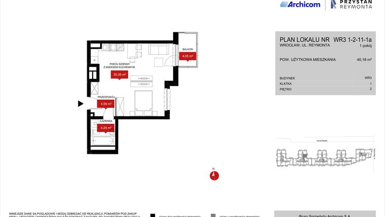 Rzut - Mieszkanie na sprzedaż 1 pokój o powierzchni 40,18 m² - numer WR3 1/2/11/1a w Przystań Reymonta etap II