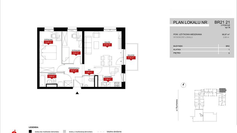 Rzut - Mieszkanie na sprzedaż 3 pokoje o powierzchni 66,87 m² - numer BR21/21 w Browary Wrocławskie 2