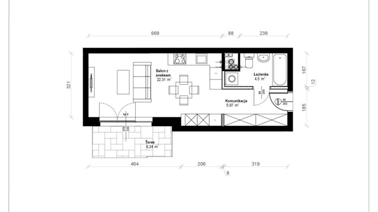 Rzut - Mieszkanie na sprzedaż 1 pokój o powierzchni 33,31 m² - numer B.0.03.1a w ATRIUM
