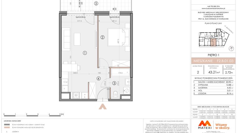 Rzut - Mieszkanie na sprzedaż 2 pokoje o powierzchni 43,19 m² - numer F2.B.01.03 w Bukowińska Mokotów etap 2