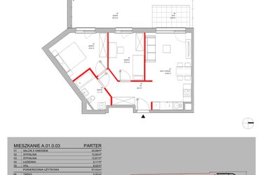 Rzut - Mieszkanie na sprzedaż 3 pokoje o powierzchni 57,43 m² - numer A.01.0.03 w Warszawska 58A