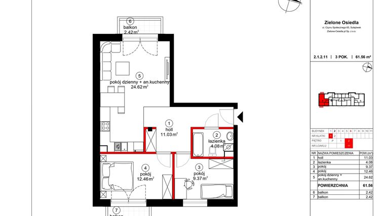 Rzut - Mieszkanie na sprzedaż 3 pokoje o powierzchni 60,53 m² - numer 11 w Czynu Społecznego 65E