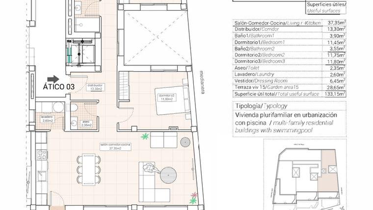 Rzut - Mieszkanie na sprzedaż 3 pokoje o powierzchni 126,58 m² - numer 3 w Mieszkania w Hondón de las Nieves - 65879943