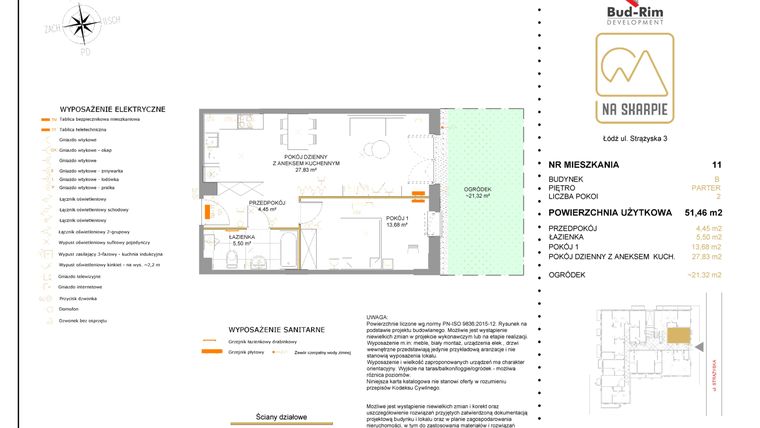 Rzut - Mieszkanie na sprzedaż 2 pokoje o powierzchni 51,46 m² - numer B11 w Na Skarpie bud. B