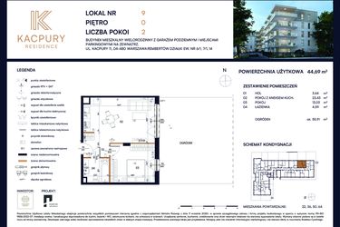 Rzut - Mieszkanie na sprzedaż 2 pokoje o powierzchni 44,69 m² - numer M09 w Kacpury Residence