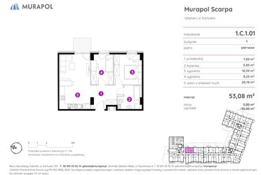 Rzut - Mieszkanie na sprzedaż 3 pokoje o powierzchni 53,08 m² - numer 1.C.1.01 w Murapol Scarpa