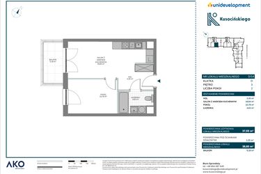 Rzut - Mieszkanie na sprzedaż 2 pokoje o powierzchni 38,8 m² - numer D/14 w Kusocińskiego - Budynek B