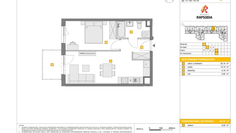 Rzut - Mieszkanie na sprzedaż 2 pokoje o powierzchni 40,35 m² - numer A.62 w Osiedle Rapsodia