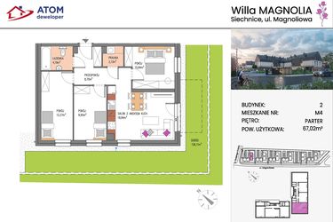Rzut - Mieszkanie na sprzedaż 4 pokoje o powierzchni 67,02 m² - numer Bud.2-4 w Willa Magnolia