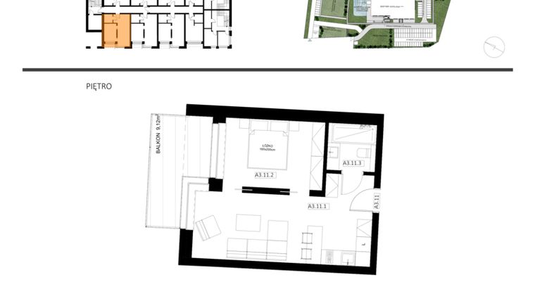 Rzut - Mieszkanie na sprzedaż 2 pokoje o powierzchni 43,11 m² - numer A3.11 w Apartamenty Dźwirzyno