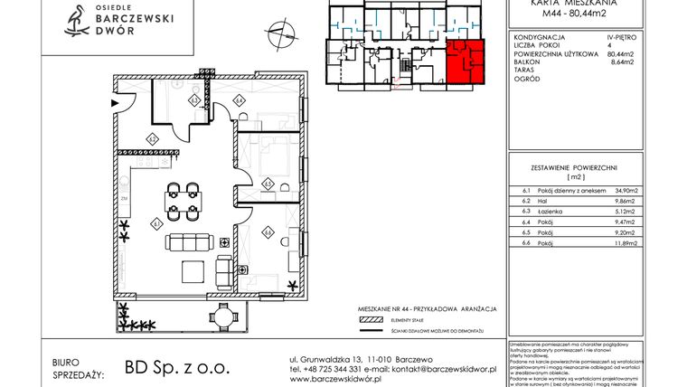 Rzut - Mieszkanie na sprzedaż 4 pokoje o powierzchni 80,44 m² - numer M44 w Osiedle Barczewski Dwór etap III