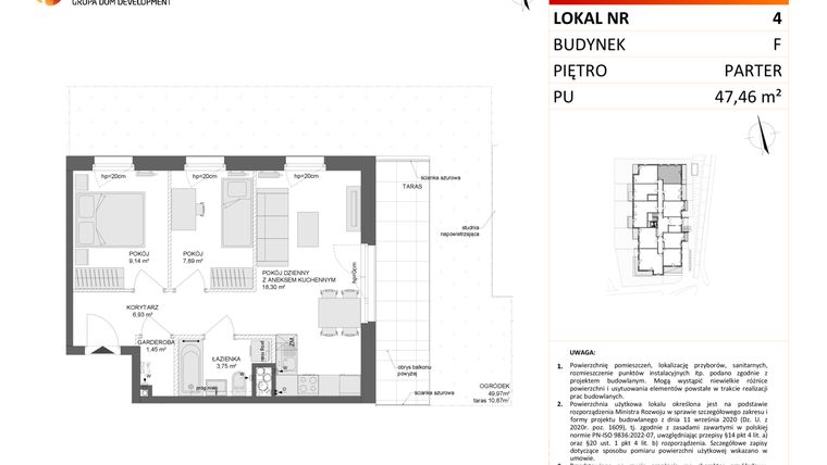 Rzut - Mieszkanie na sprzedaż 3 pokoje o powierzchni 47,46 m² - numer F.4 w Osiedle Synteza etap IV