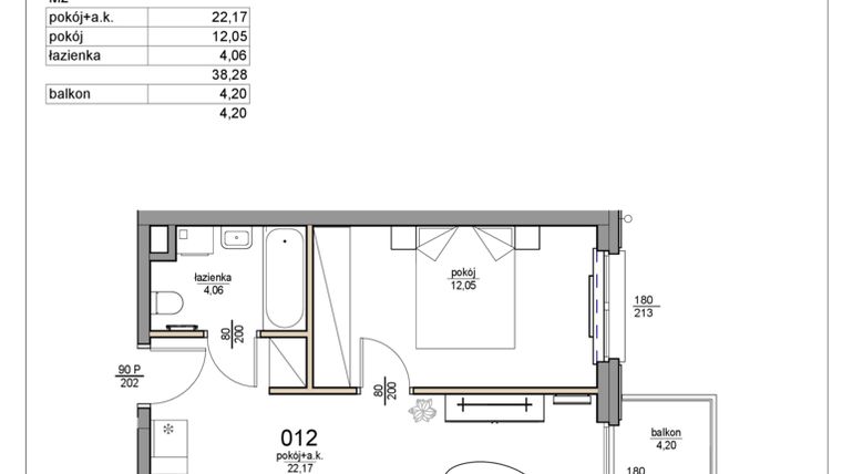 Rzut - Mieszkanie na sprzedaż 2 pokoje o powierzchni 38,28 m² - numer 12 w Rezydencja Liwska 3