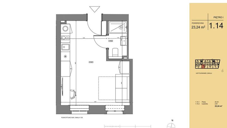 Rzut - Mieszkanie na sprzedaż 1 pokój o powierzchni 23,4 m² - numer 1.14 w Rezydencja San Petrus