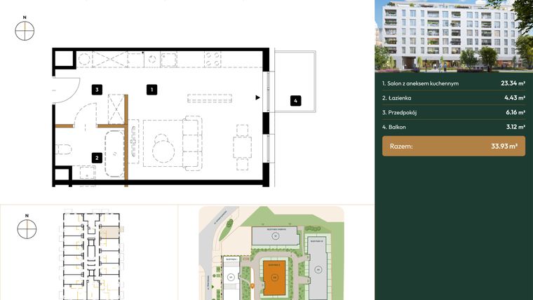 Rzut - Mieszkanie na sprzedaż 1 pokój o powierzchni 33,93 m² - numer B2.1.12 w Wierzbowa 20