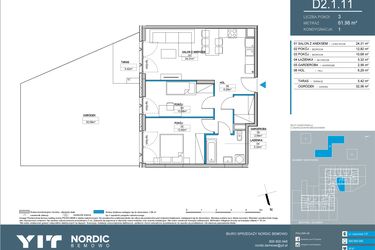 Rzut - Mieszkanie na sprzedaż 3 pokoje o powierzchni 61,98 m² - numer D2.1.11 w Nordic Bemowo - etap IV