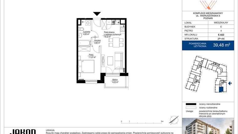 Rzut - Mieszkanie na sprzedaż 2 pokoje o powierzchni 39,48 m² - numer E.A22 w Wieruszowska E