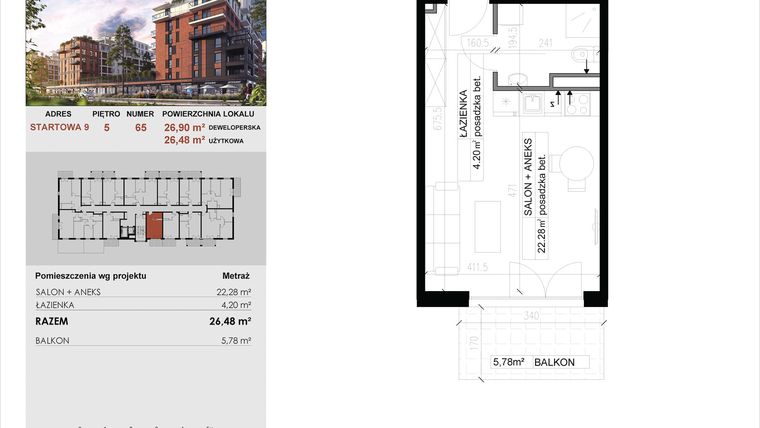 Rzut - Mieszkanie na sprzedaż 1 pokój o powierzchni 26,48 m² - numer 65 w M|City