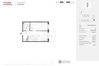 Rzut - Mieszkanie na sprzedaż 2 pokoje o powierzchni 40,54 m² - numer A3.101.M08 w Mieszkaj w mieście - Ogrody Glogera