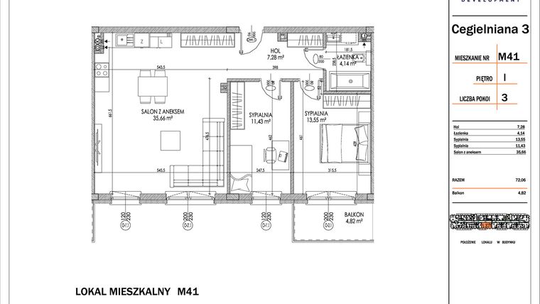 Rzut - Mieszkanie na sprzedaż 3 pokoje o powierzchni 72,06 m² - numer 41 w Osiedle StaLove etap I