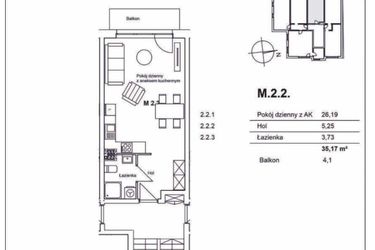 Rzut - Mieszkanie na sprzedaż 1 pokój o powierzchni 35,17 m² - numer M.2.2 w Konopnickiej 12