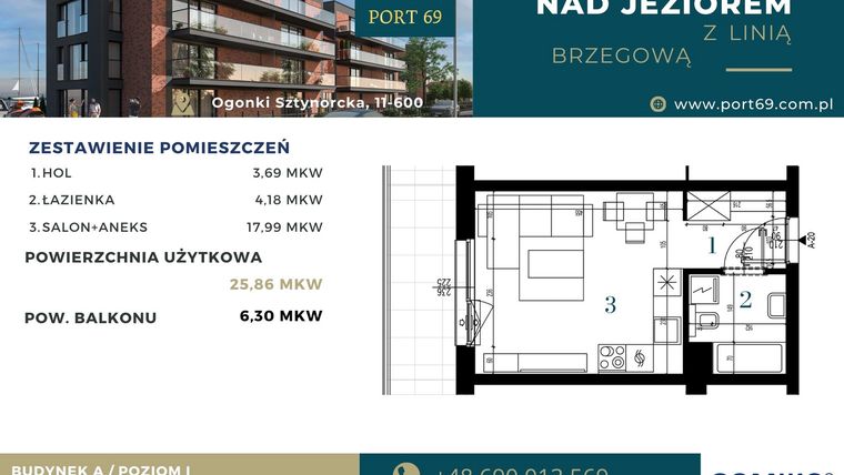 Rzut - Mieszkanie na sprzedaż 1 pokój o powierzchni 25,86 m² - numer A-20 w Port 69