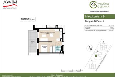 Rzut - Mieszkanie na sprzedaż 2 pokoje o powierzchni 34,79 m² - numer B9 w Wzgórze Gustawa
