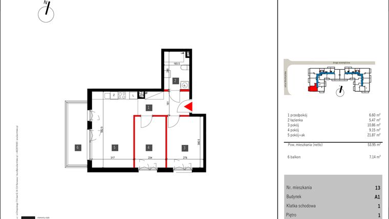 Rzut - Mieszkanie na sprzedaż 3 pokoje o powierzchni 53,15 m² - numer 13 w Mochtyńska 56