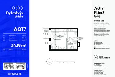 Rzut - Mieszkanie na sprzedaż 1 pokój o powierzchni 34,19 m² - numer A017 w Dyfrakcja Łódzka