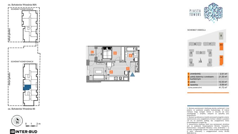 Rzut - Mieszkanie na sprzedaż 2 pokoje o powierzchni 41,73 m² - numer 86.27 w Piasta Towers bud. 86 i 86A