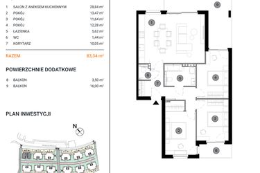 Rzut - Mieszkanie na sprzedaż 4 pokoje o powierzchni 83,34 m² - numer 12.4 w Wille Miejskie Lekcyjna