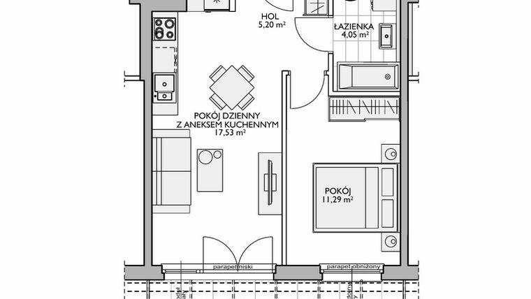 Rzut - Mieszkanie na sprzedaż 2 pokoje o powierzchni 39,21 m² - numer WO/O16/43 w Wiszące Ogrody