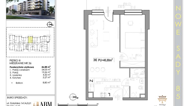 Rzut - Mieszkanie na sprzedaż 2 pokoje o powierzchni 47,05 m² - numer 36 w Nowe Sady 85