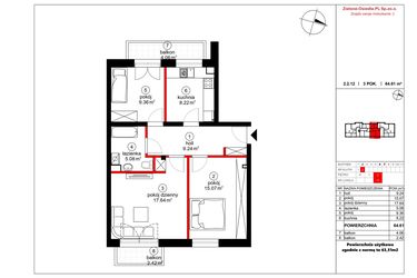 Rzut - Mieszkanie na sprzedaż 3 pokoje o powierzchni 63,51 m² - numer 12 w Czynu Społecznego 65F
