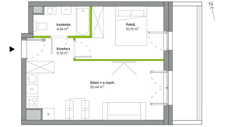 Rzut - Mieszkanie na sprzedaż 2 pokoje o powierzchni 37,98 m² - numer B.01.01.07 w WUWA Vita
