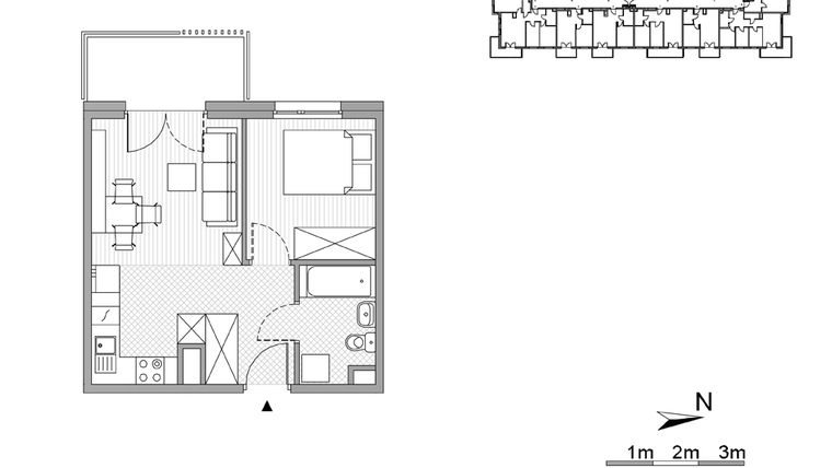 Rzut - Mieszkanie na sprzedaż 2 pokoje o powierzchni 33,58 m² - numer 23 w ul. Powstańców/os. Piastów bud. F