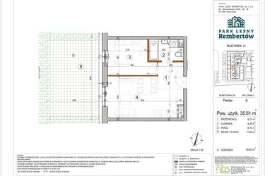 Rzut - Mieszkanie na sprzedaż 2 pokoje o powierzchni 35,61 m² - numer J1-6 w Park Leśny Rembertów etap VIII