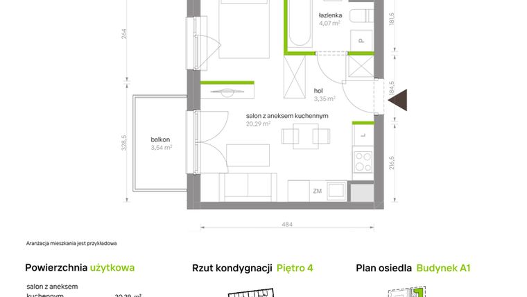 Rzut - Mieszkanie na sprzedaż 1 pokój o powierzchni 27,71 m² - numer A1.4A25 w Bemowo Vita