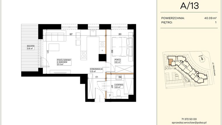Rzut - Mieszkanie na sprzedaż 2 pokoje o powierzchni 40,09 m² - numer WA2/A/13 w Waniliowa