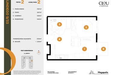Rzut - Mieszkanie na sprzedaż 2 pokoje o powierzchni 37,51 m² - numer 33 w CLOU LINDEGO