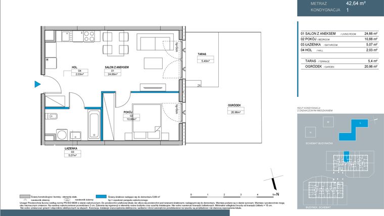 Rzut - Mieszkanie na sprzedaż 2 pokoje o powierzchni 42,6 m² - numer L2.1.04 w Nordic Bemowo - etap III