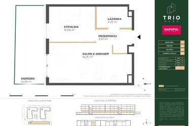 Rzut - Mieszkanie na sprzedaż 2 pokoje o powierzchni 36,63 m² - numer C004 w Trio Park bud. C