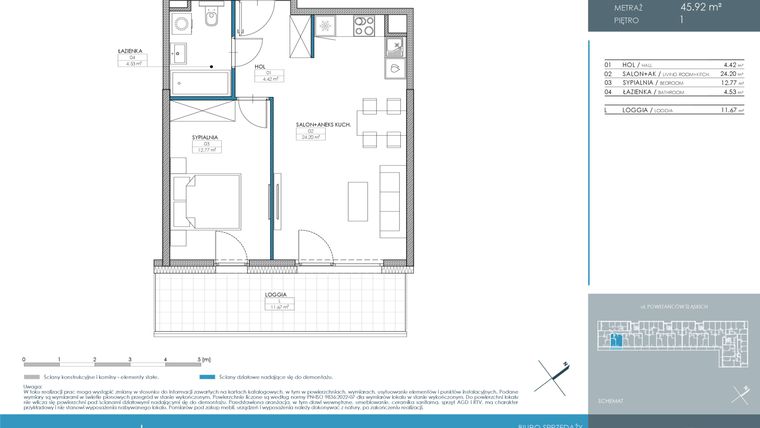Rzut - Mieszkanie na sprzedaż 2 pokoje o powierzchni 45,92 m² - numer 1.1.1.03 w Nordic Powstańców Śląskich