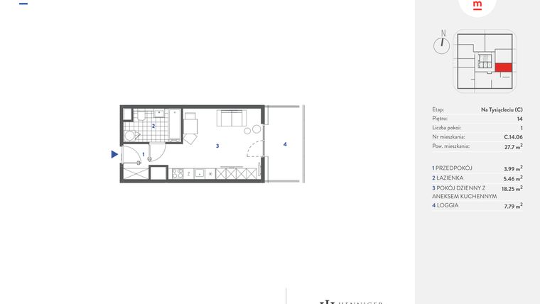 Rzut - Mieszkanie na sprzedaż 1 pokój o powierzchni 27,71 m² - numer C.14.06 w Mieszkaj w mieście - Na Tysiącleciu budynek C