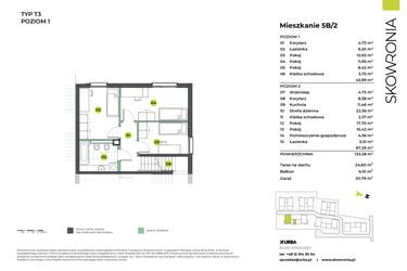 Rzut - Mieszkanie na sprzedaż 6 pokoi o powierzchni 133,28 m² - numer 5BL/2 w Skowronia