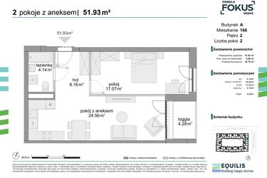 Rzut - Mieszkanie na sprzedaż 2 pokoje o powierzchni 51,93 m² - numer 166 w Osiedle Fokus Ursus