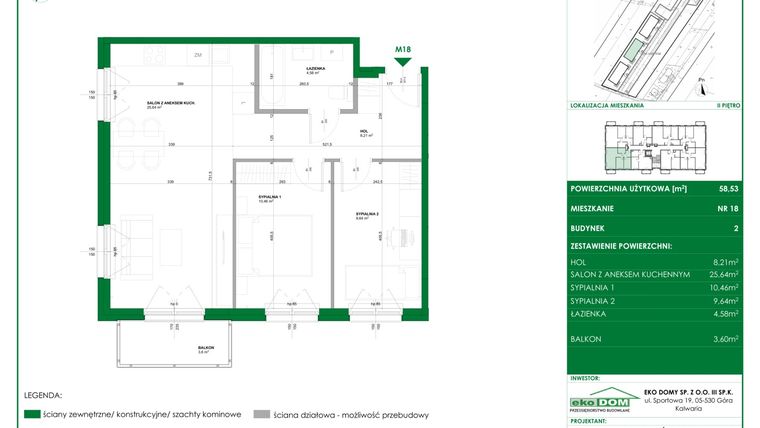 Rzut - Mieszkanie na sprzedaż 3 pokoje o powierzchni 58,53 m² - numer 2.18 w Osiedle Polna